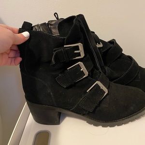 Size 8.5, black bootie with buckles and side zipper